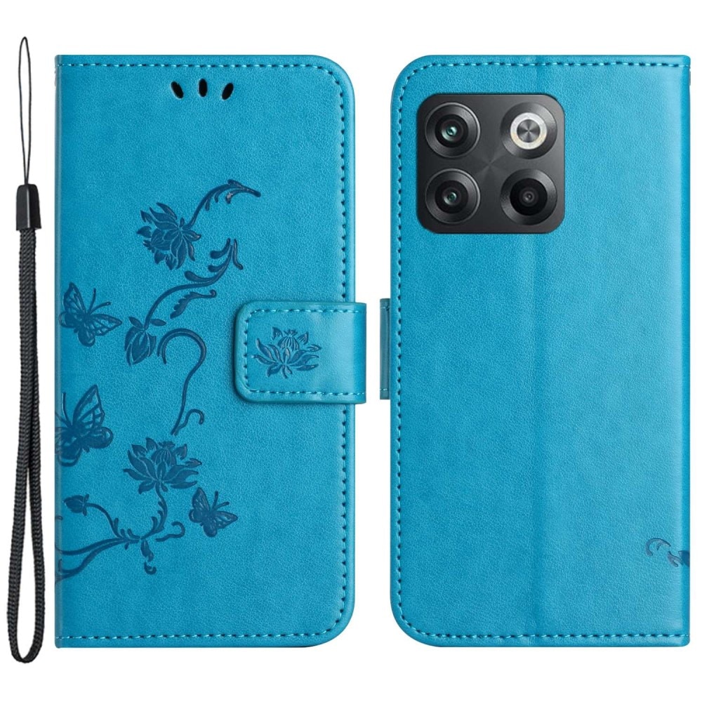Funda de cuero con mariposas para OnePlus 10T, azul