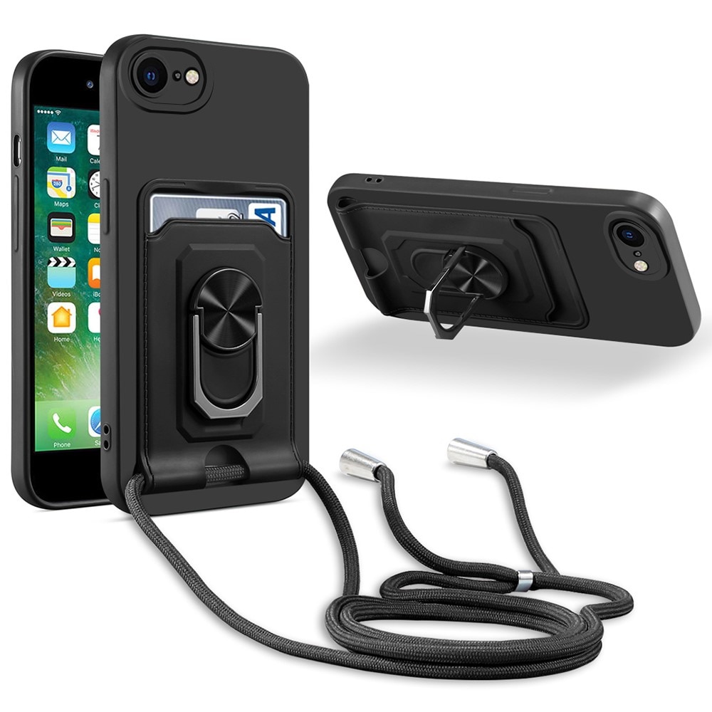 TPU Funda con anillo, ranura para tarjetas y collar iPhone SE (2022) negro