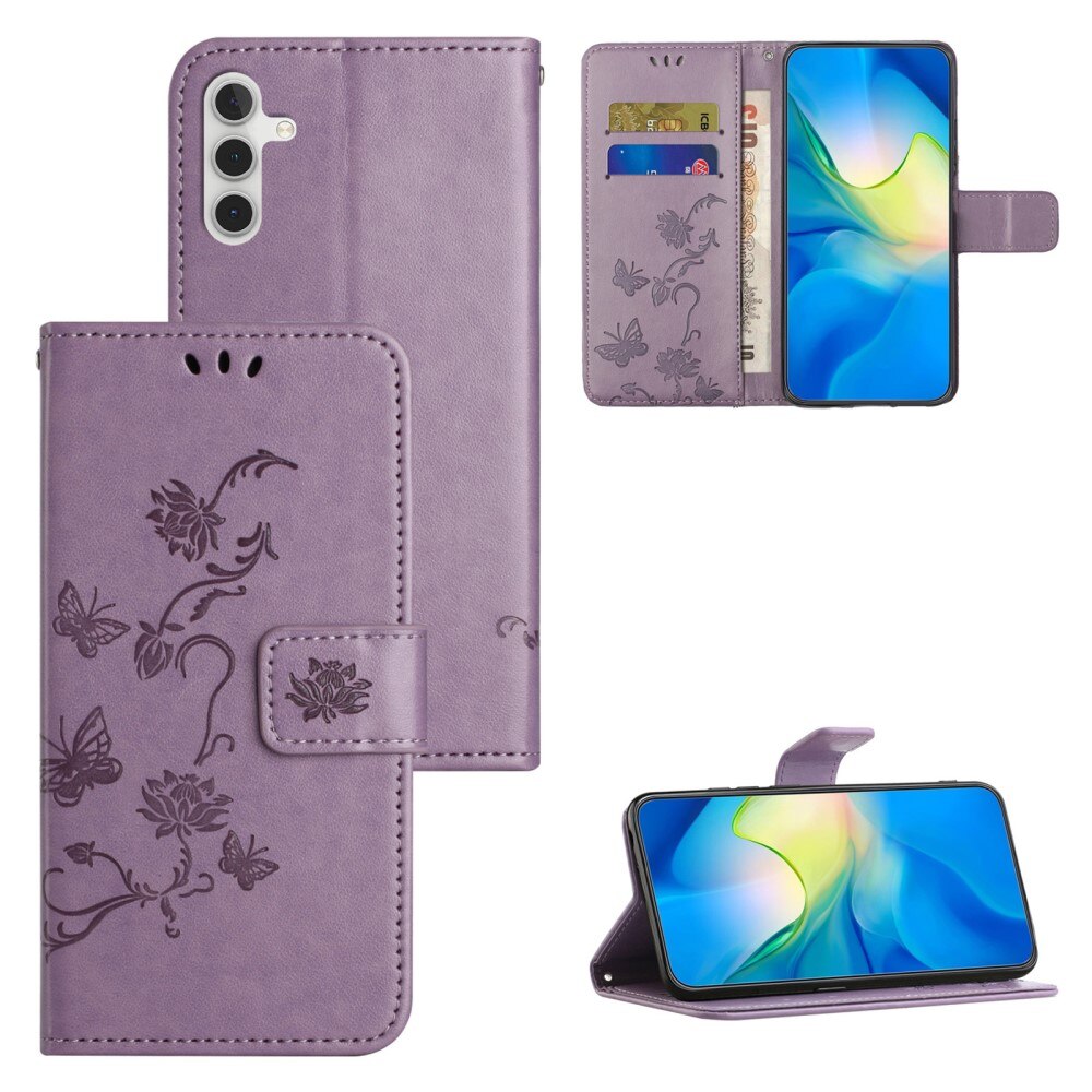 Funda de Cuero con Mariposas Samsung Galaxy S24 FE, Púrpura