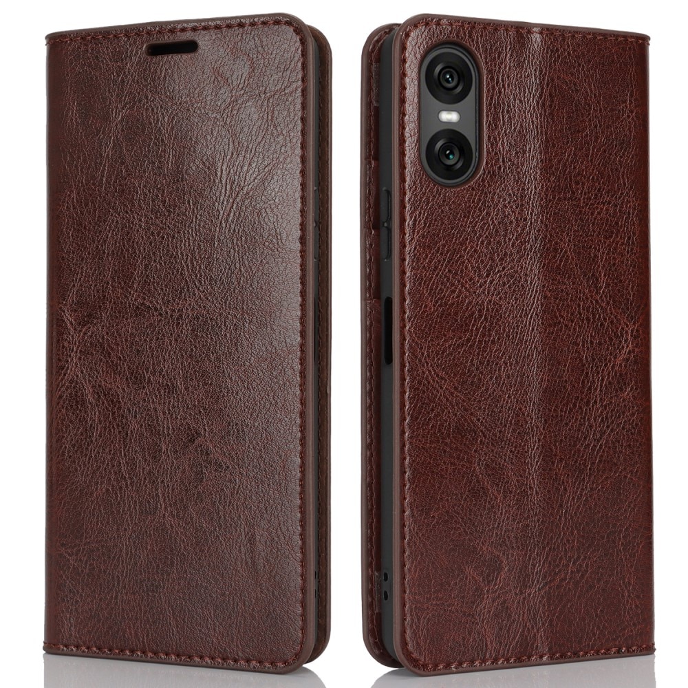 Funda cartera de cuero genuino Sony Xperia 10 VI Marrón oscuro