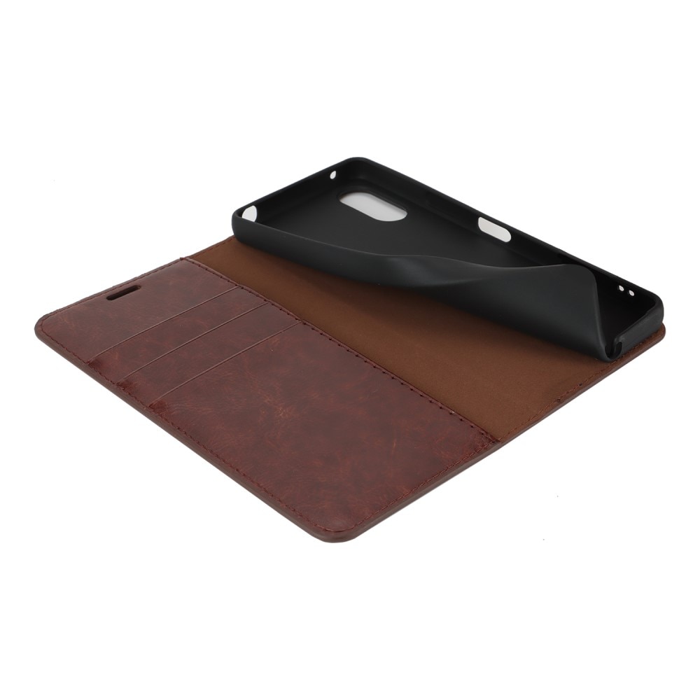 Funda cartera de cuero genuino Sony Xperia 10 VI Marrón oscuro