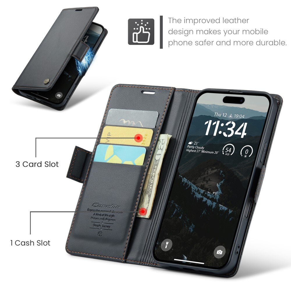 Funda delgada con solapa anti-RFID iPhone 16 Plus Negro