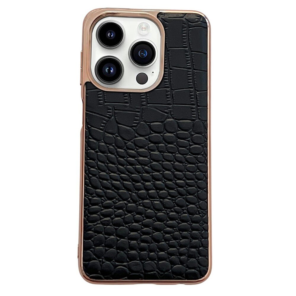 Funda híbrida Cuero genuino Cocodrilo iPhone 14 Pro negro/oro rosa