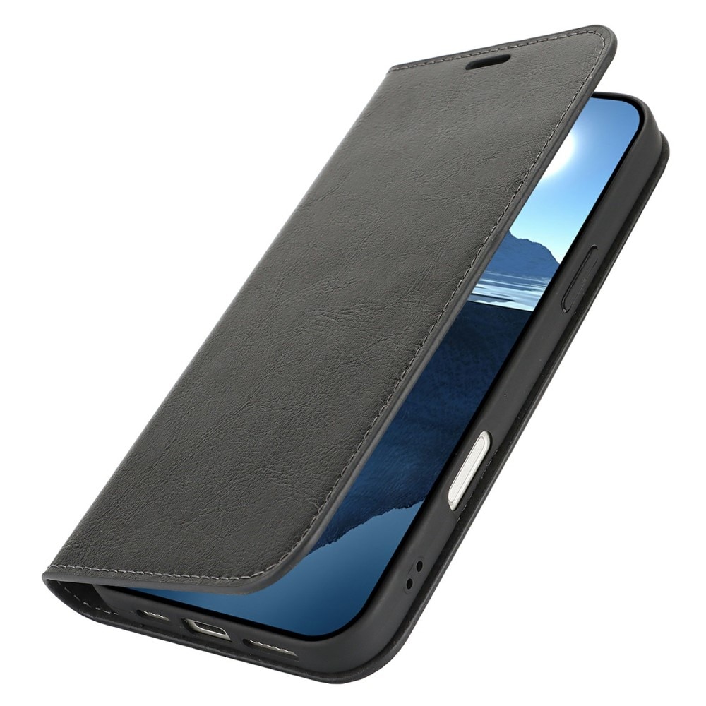 Funda cartera de cuero genuino iPhone 16 Plus Negro