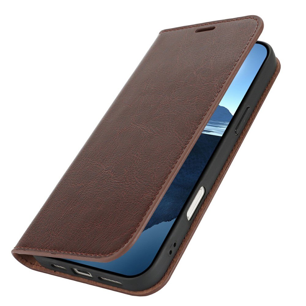Funda cartera de cuero genuino iPhone 16 Marrón oscuro