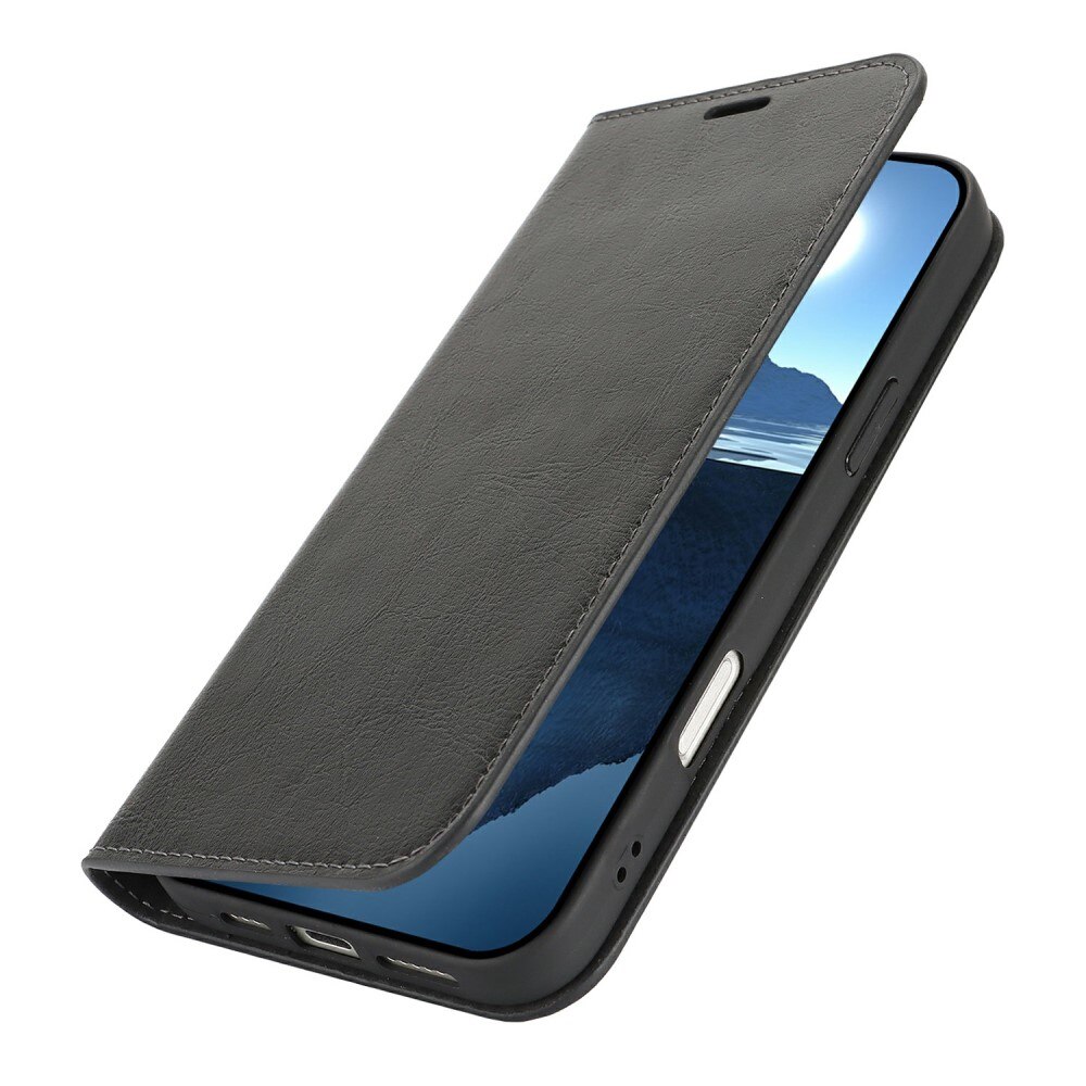 Funda cartera de cuero genuino iPhone 16 Pro Negro