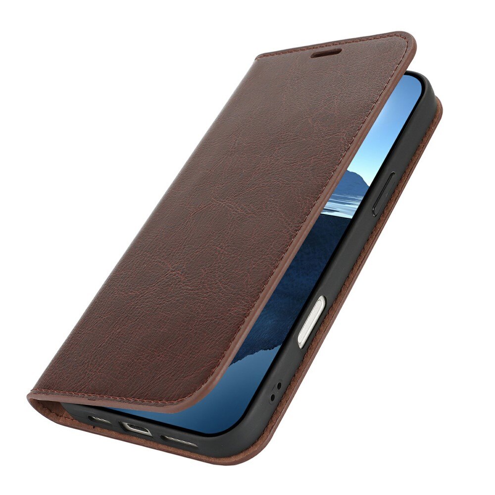 Funda cartera de cuero genuino iPhone 16 Pro Marrón oscuro