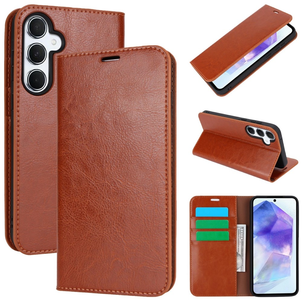 Funda cartera de cuero genuino Samsung Galaxy S24 FE Marrón