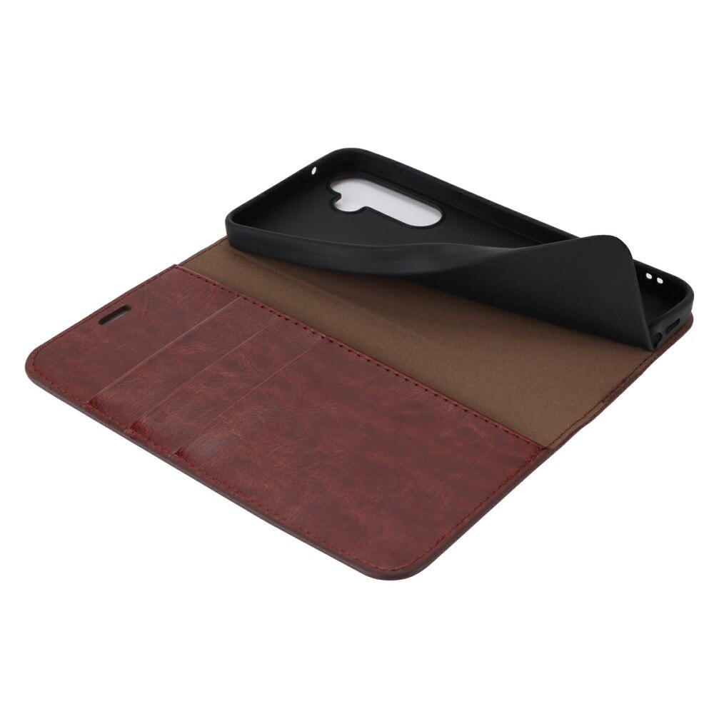 Funda cartera de cuero genuino Samsung Galaxy S24 FE Marrón oscuro