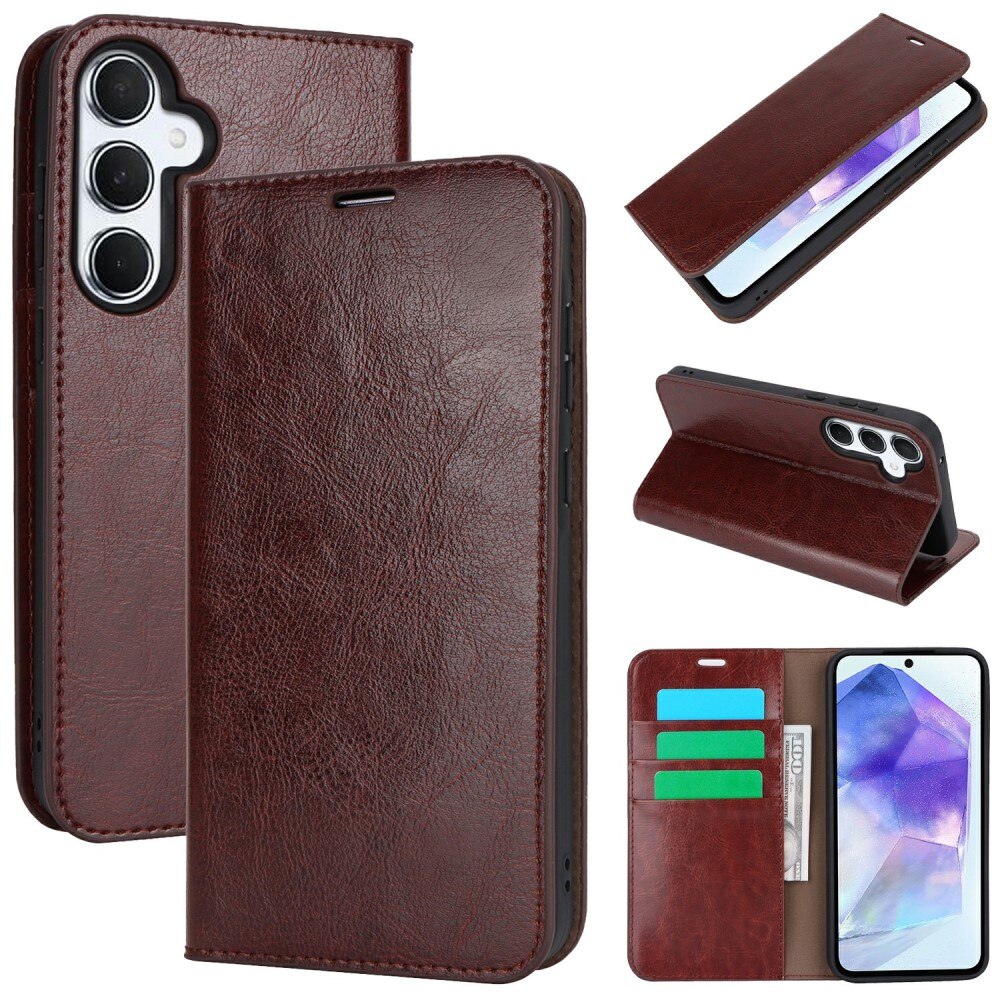 Funda cartera de cuero genuino Samsung Galaxy S24 FE Marrón oscuro