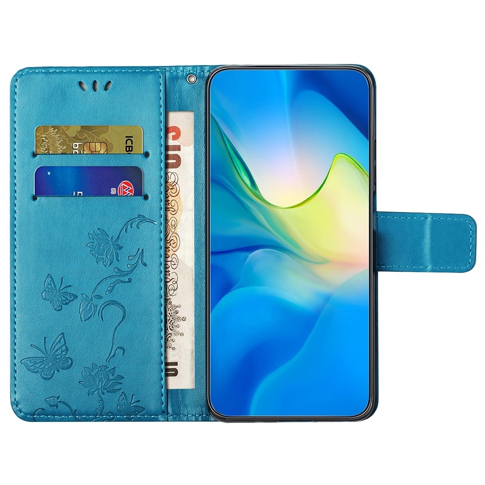 Funda de Cuero con Mariposas Motorola Moto G55, Azul