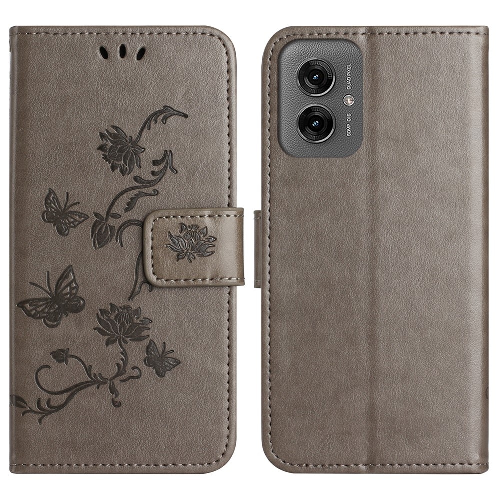 Funda de Cuero con Mariposas Motorola Moto G55, Gris