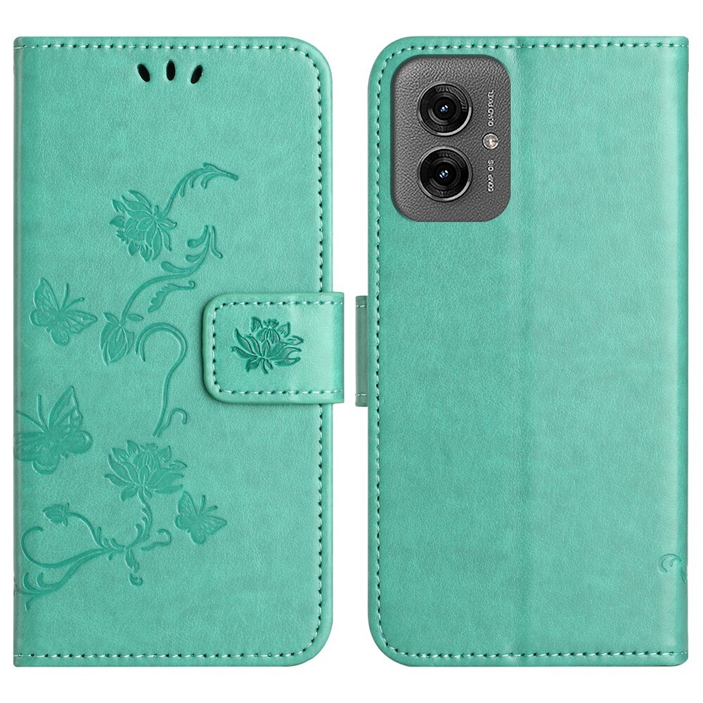 Funda de Cuero con Mariposas Motorola Moto G55, Verde