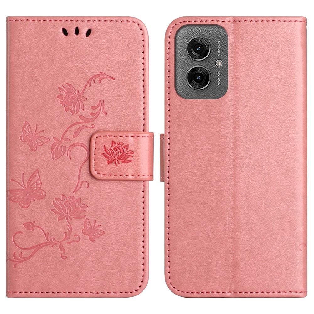 Funda de Cuero con Mariposas Motorola Moto G55, Rosa