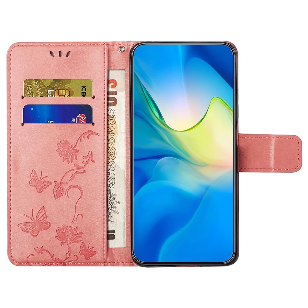 Funda de Cuero con Mariposas Motorola Moto G55, Rosa