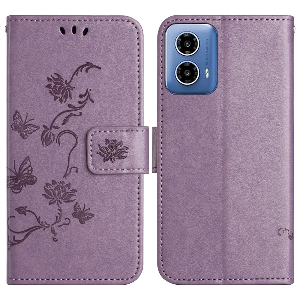 Funda de Cuero con Mariposas Motorola Moto G35, Púrpura