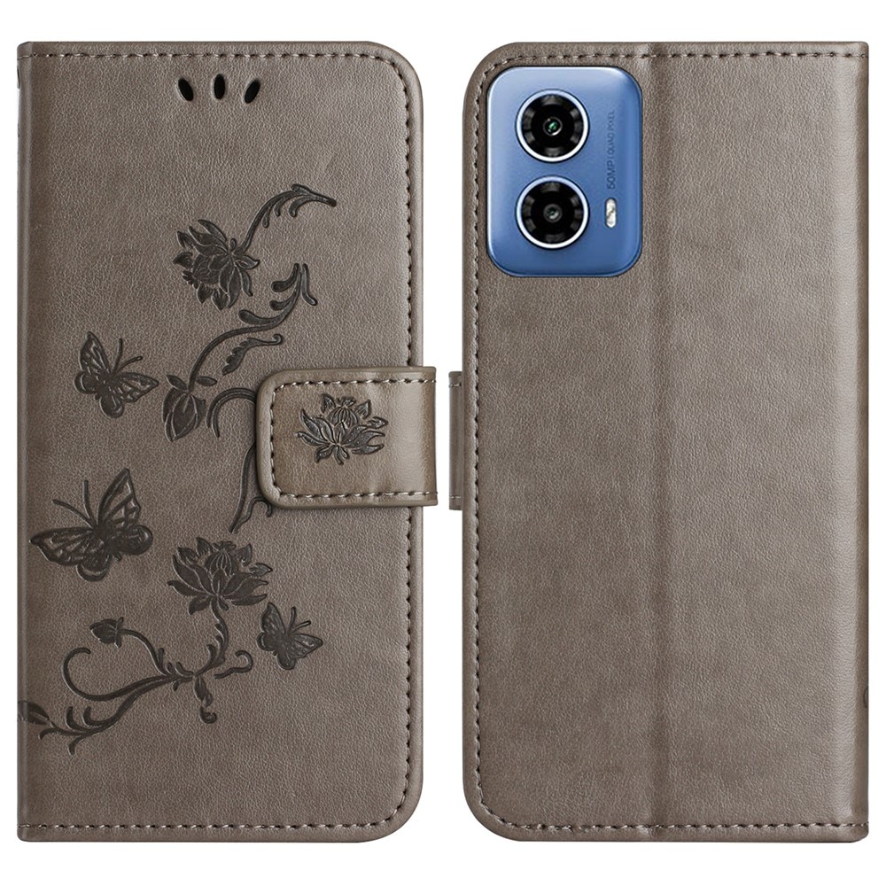 Funda de Cuero con Mariposas Motorola Moto G35, Gris