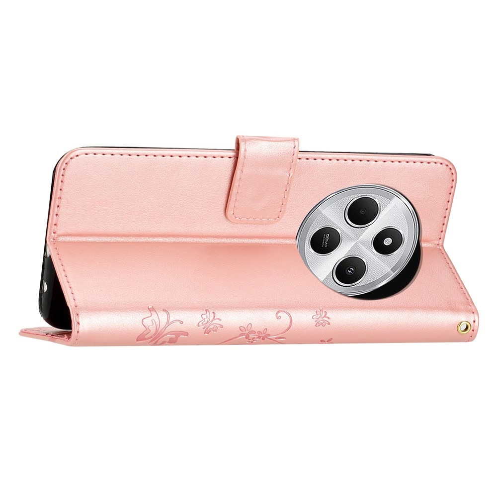 Funda de Cuero con Mariposas Xiaomi Redmi 14C, Oro rosa