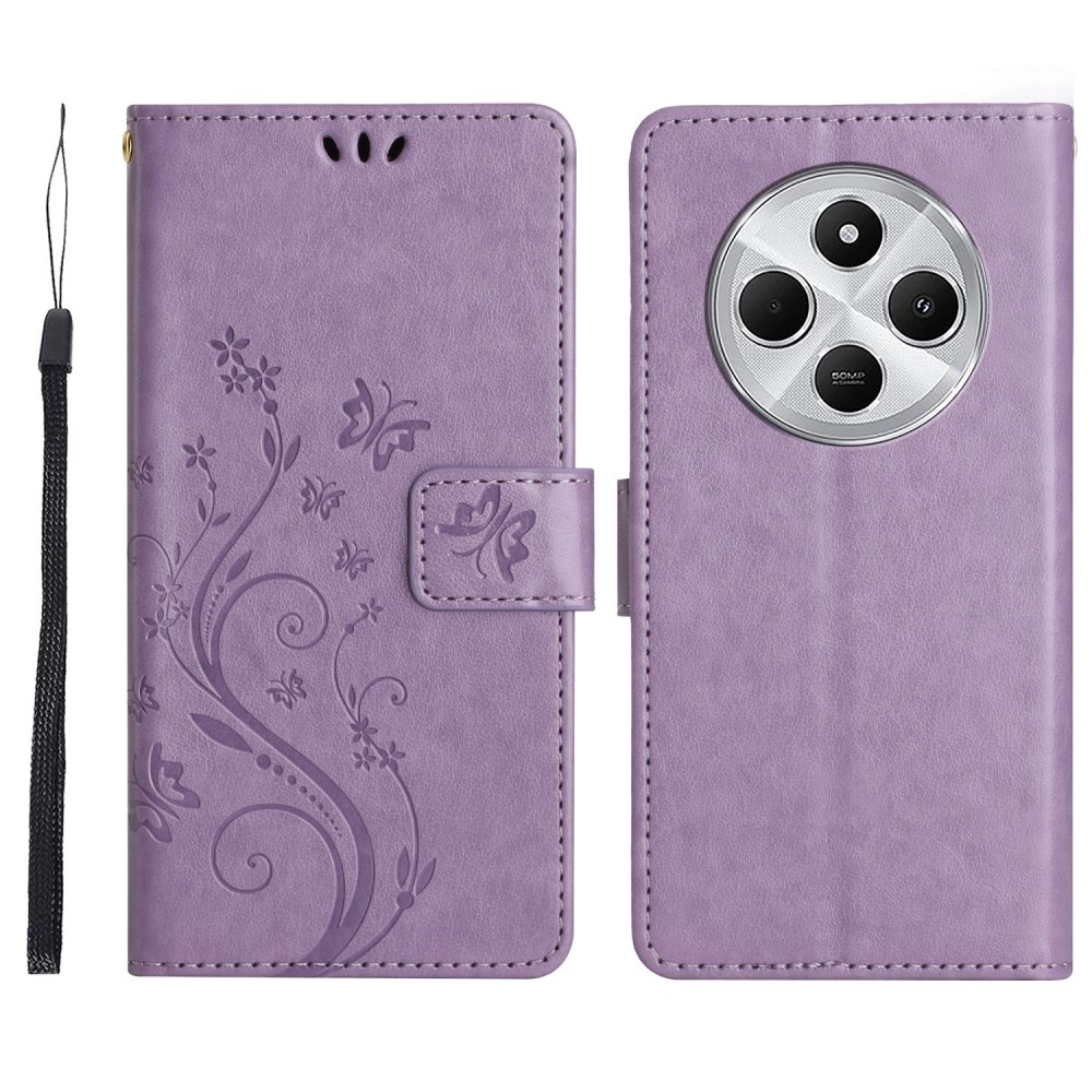 Funda de Cuero con Mariposas Xiaomi Redmi 14C, Púrpura