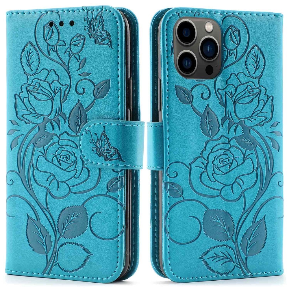Funda de Cuero con Rosas iPhone 12/12 Pro Azul