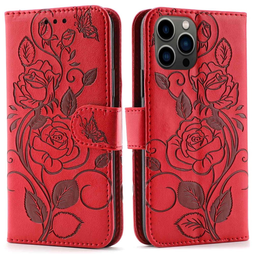 Funda de Cuero con Rosas iPhone 12/12 Pro Rojo