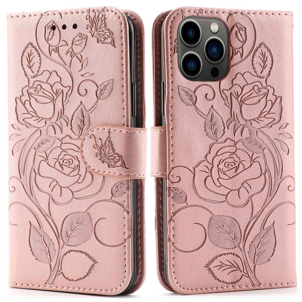 Funda de Cuero con Rosas iPhone 12/12 Pro Pink Gold