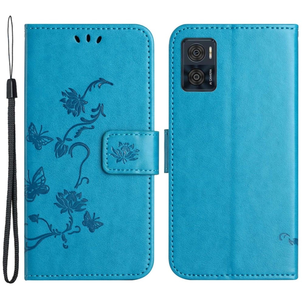 Funda de cuero con mariposas para Motorola Moto E22i, azul