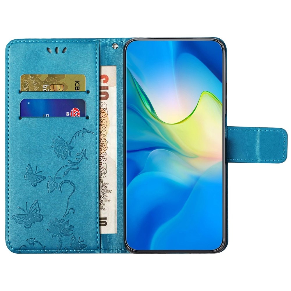 Funda de cuero con mariposas para Motorola Moto E22i, azul