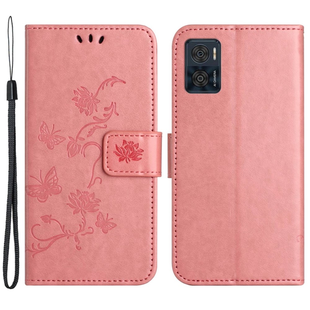 Funda de cuero con mariposas para Motorola Moto E22i, rosado