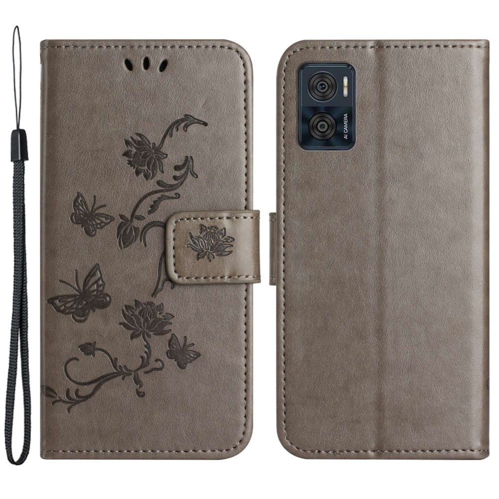 Funda de cuero con mariposas para Motorola Moto E22i, gris