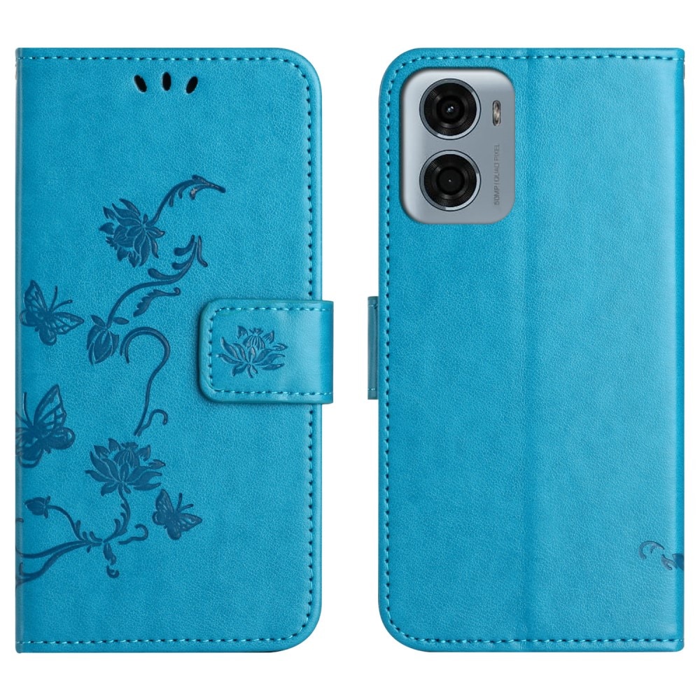 Funda de Cuero con Mariposas Motorola Moto E15, Azul