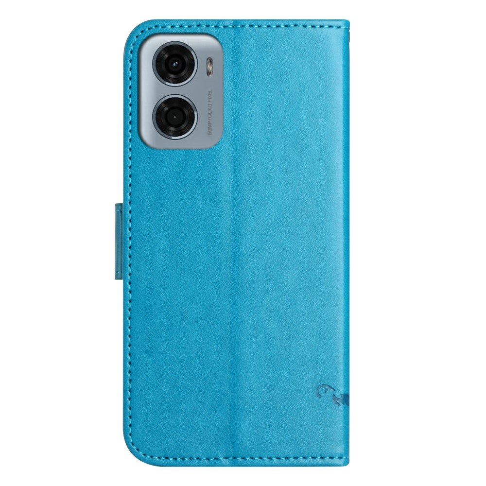 Funda de Cuero con Mariposas Motorola Moto E15, Azul