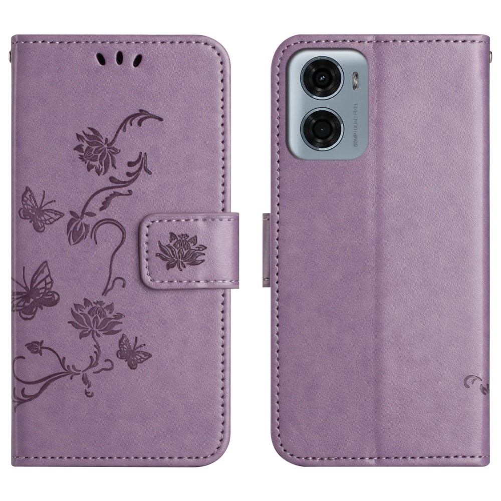 Funda de Cuero con Mariposas Motorola Moto E15, Púrpura