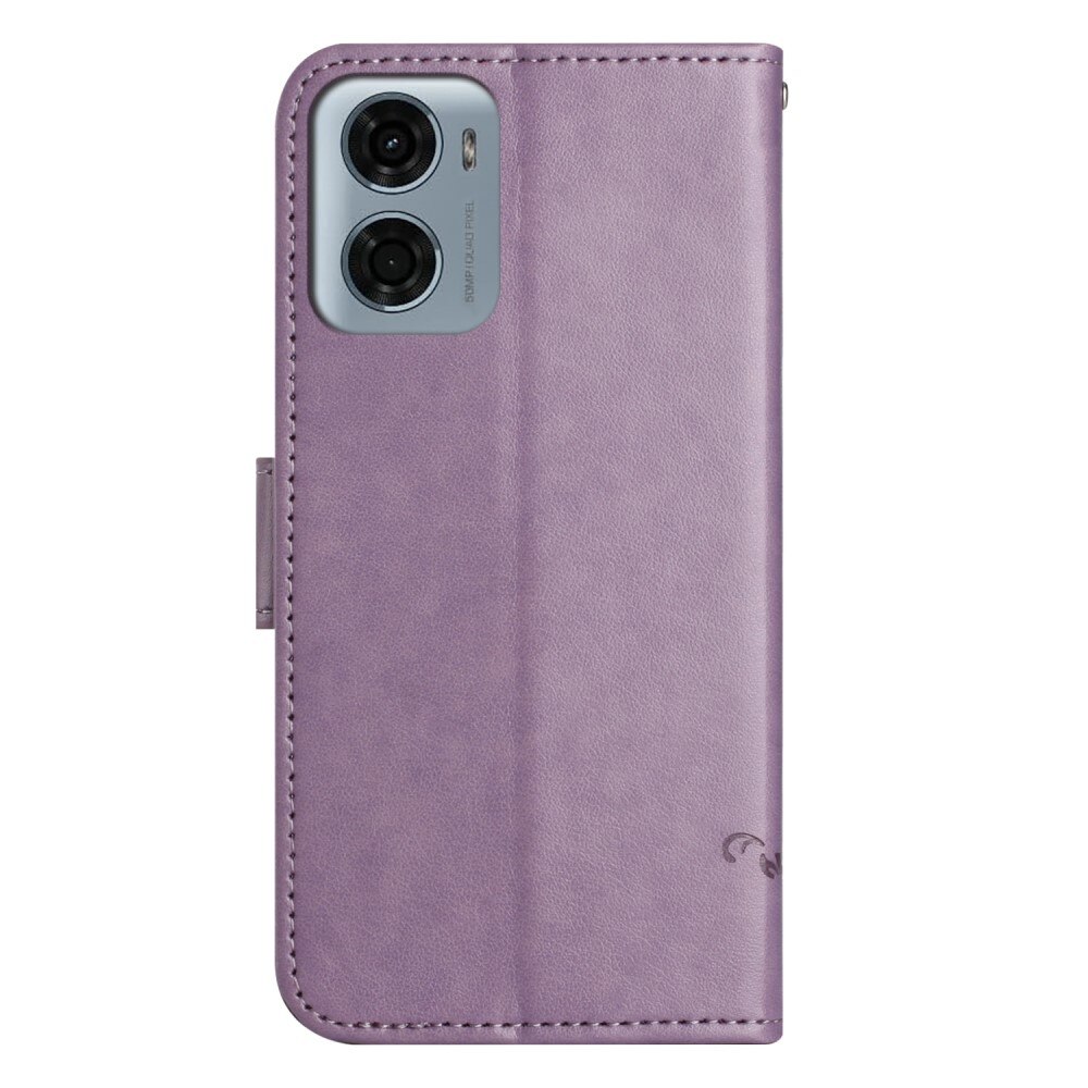 Funda de Cuero con Mariposas Motorola Moto E15, Púrpura