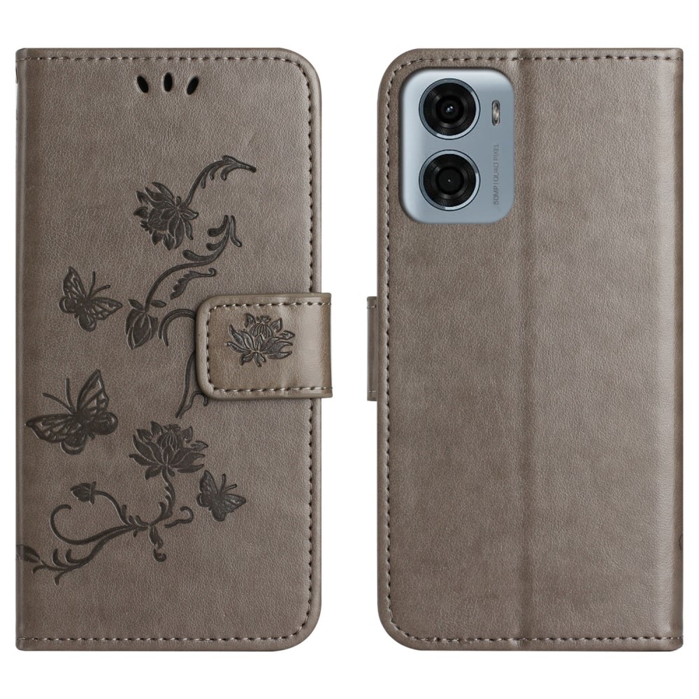 Funda de Cuero con Mariposas Motorola Moto E15, Gris