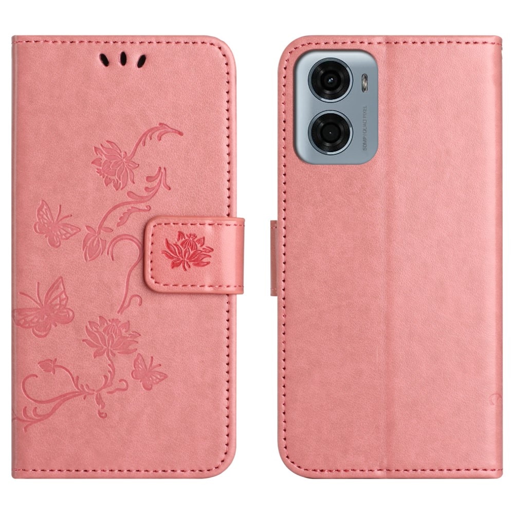 Funda de Cuero con Mariposas Motorola Moto E15, Rosa