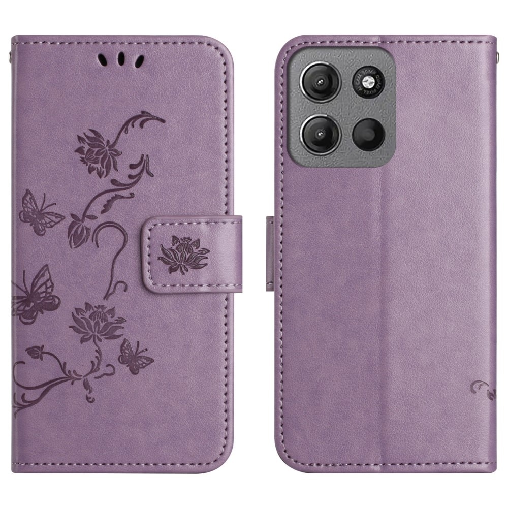 Funda de Cuero con Mariposas Motorola Moto G15 Power, Púrpura
