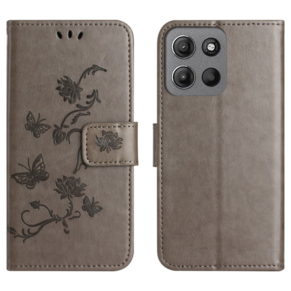 Funda de Cuero con Mariposas Motorola Moto G15 Power, Gris