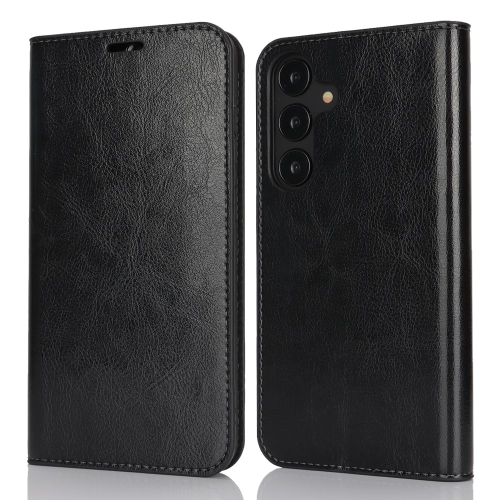 Funda cartera de cuero genuino Samsung Galaxy S25 Plus Negro