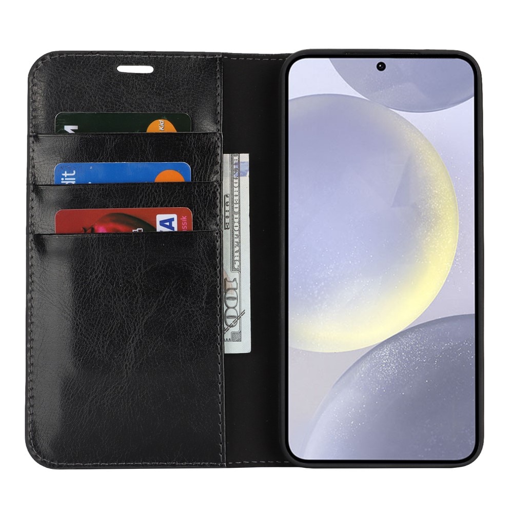 Funda cartera de cuero genuino Samsung Galaxy S25 Plus Negro