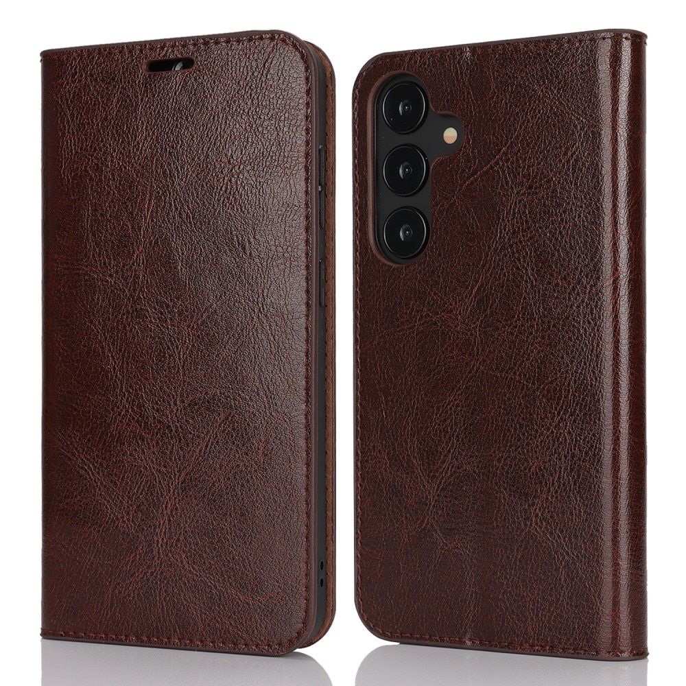 Funda cartera de cuero genuino Samsung Galaxy S25 Plus Marrón oscuro