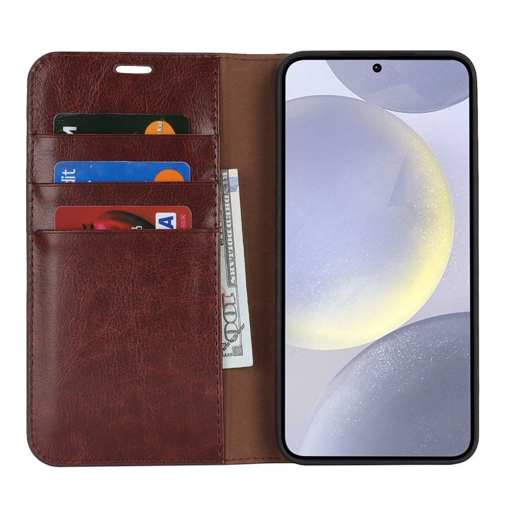 Funda cartera de cuero genuino Samsung Galaxy S25 Plus Marrón oscuro