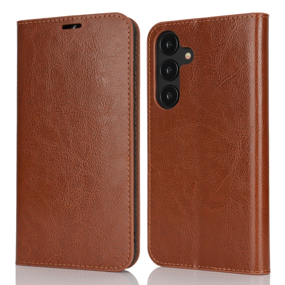 Funda cartera de cuero genuino Samsung Galaxy S25 Plus Marrón