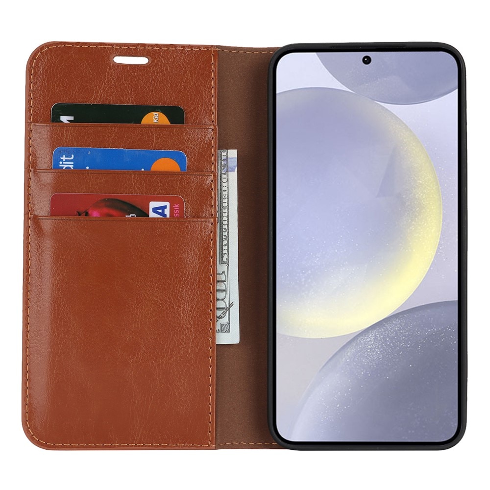 Funda cartera de cuero genuino Samsung Galaxy S25 Plus Marrón
