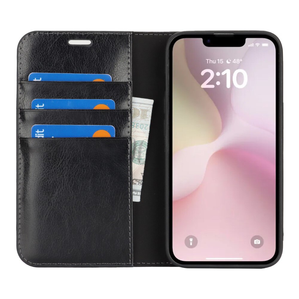Funda cartera de cuero genuino iPhone 16e Negro