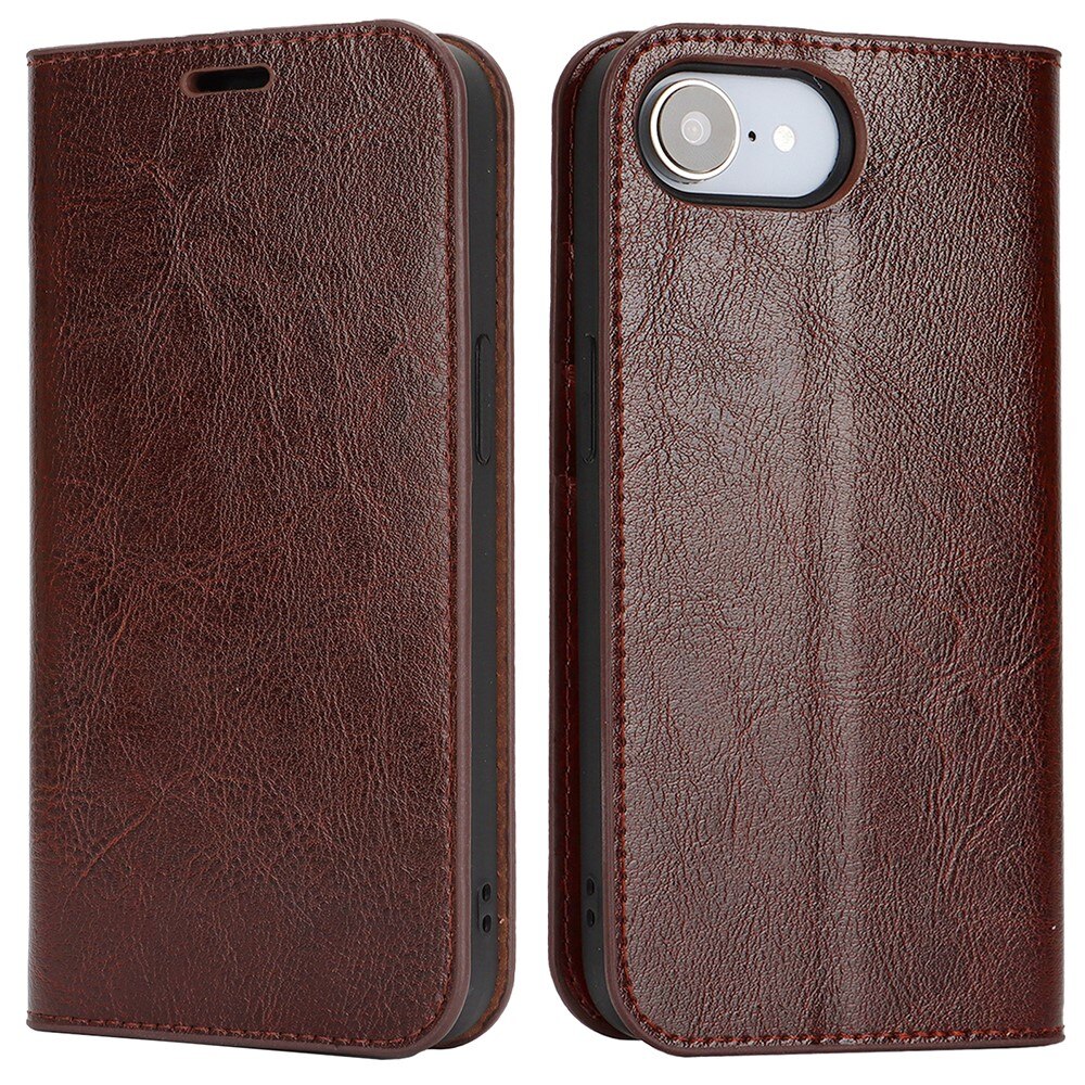 Funda cartera de cuero genuino iPhone 16e Marrón oscuro