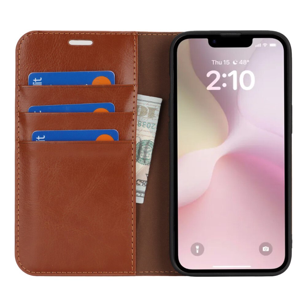 Funda cartera de cuero genuino iPhone 16e Marrón