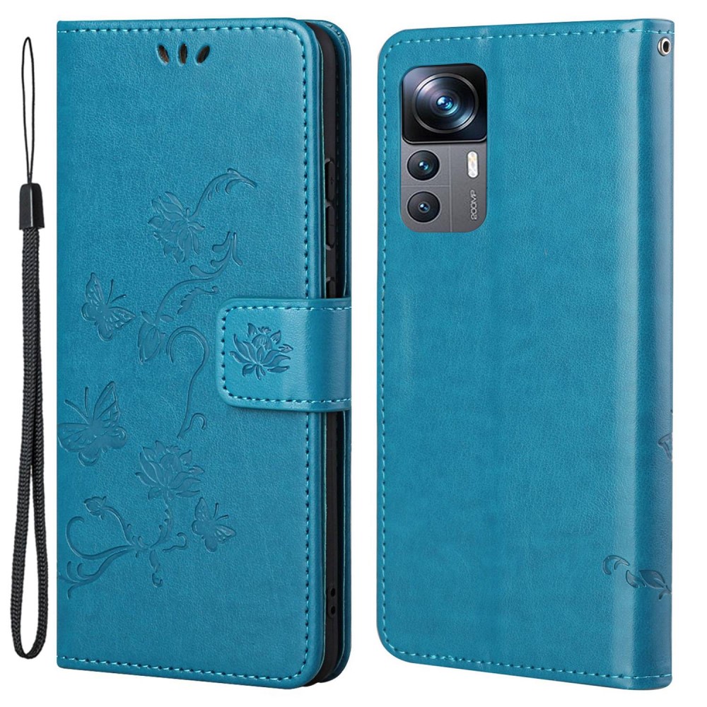 Funda de cuero con mariposas para Xiaomi 12T/12T Pro, azul