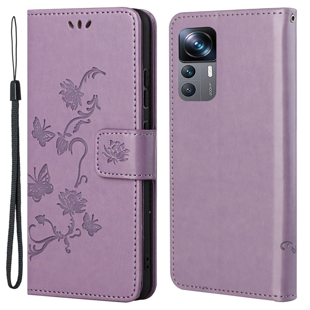 Funda de Cuero con Mariposas Xiaomi 12T/12T Pro, Púrpura