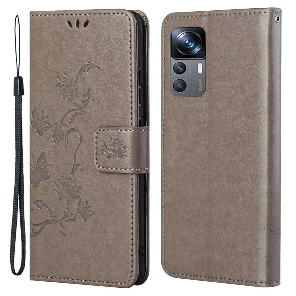 Funda de Cuero con Mariposas Xiaomi 12T/12T Pro, Gris